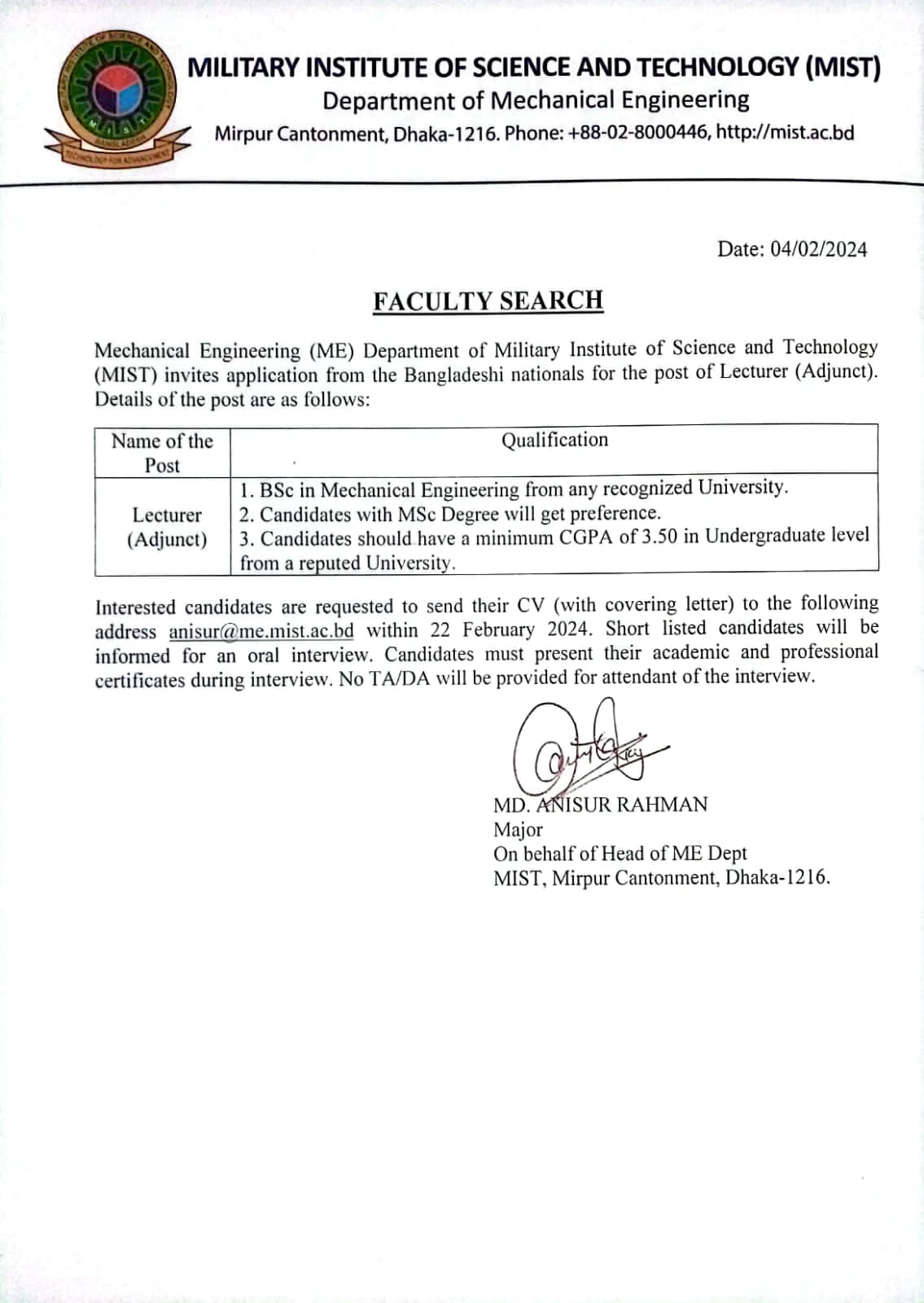 Faculty Recruitment Circular at Mechanical Engineering Department, Feb 2024